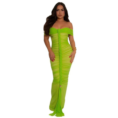Cralom Mesh Pleated Shoulder One-piece Dress for Summer 2025