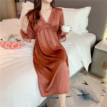 Cralom Long-sleeved Princess Style Nightgown for Women - Spring/Autumn Fashion with Chest Pad