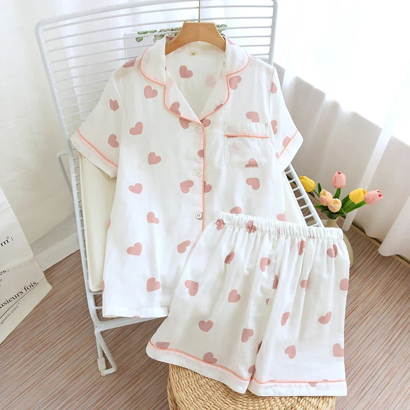 Cralom Heart Print Pajama Set Soft Breathable Fabric Comfortable Short Sleeve Button Top Matching Shorts