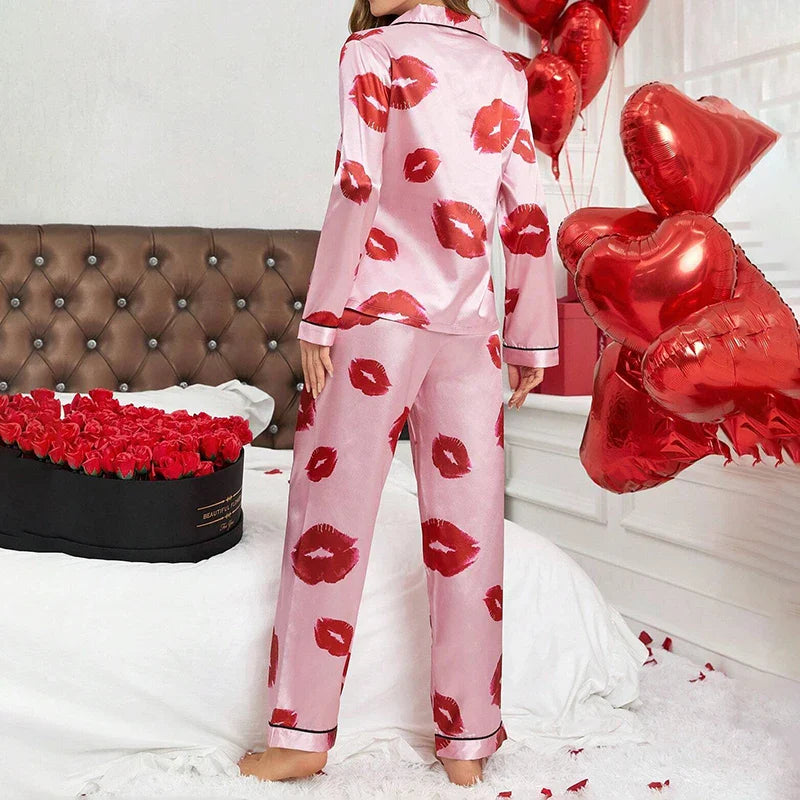 Cralom Red Lip Print Satin Pajama Set with Long Sleeve Top & Pants