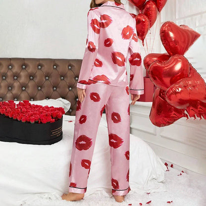 Cralom Red Lip Print Satin Pajama Set with Long Sleeve Top & Pants