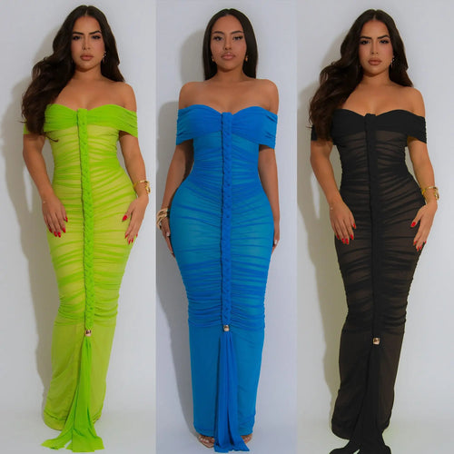 Cralom Mesh Pleated Shoulder One-piece Dress for Summer 2025