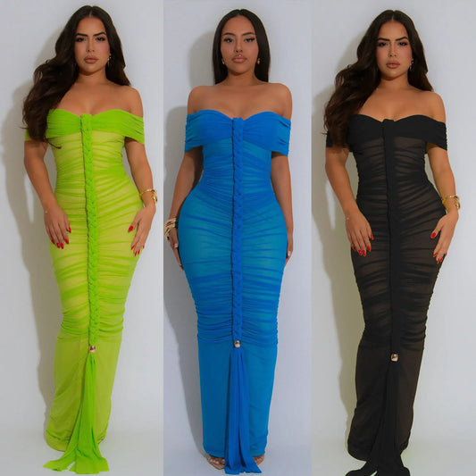 Cralom Mesh Pleated Shoulder One-piece Dress for Summer 2025