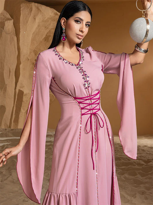 Ramadan Pink Dubai Satin Abaya Modest Muslim Prayer Dress for Women by Cralom
