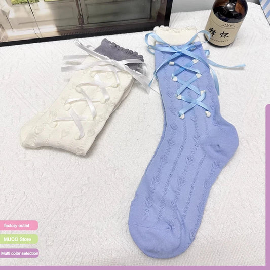 Cralom Butterfly Knot Children's Summer Socks, Cute Lace, White Combed Cotton, Tube Style