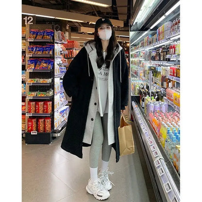 Cralom Imitation Lambswool Long Coat with High Hood, Korean Style Two-piece Design