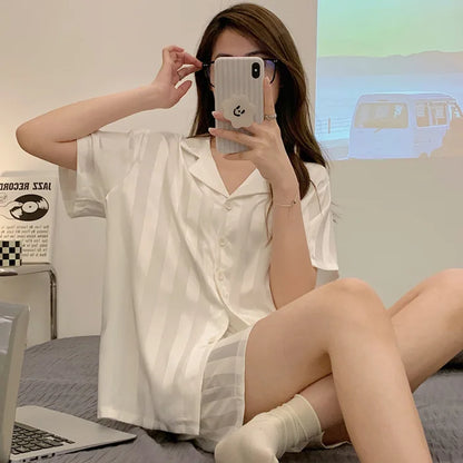 Cralom Women's Ice Silk Short Sleeve Cardigan Summer Sleepwear