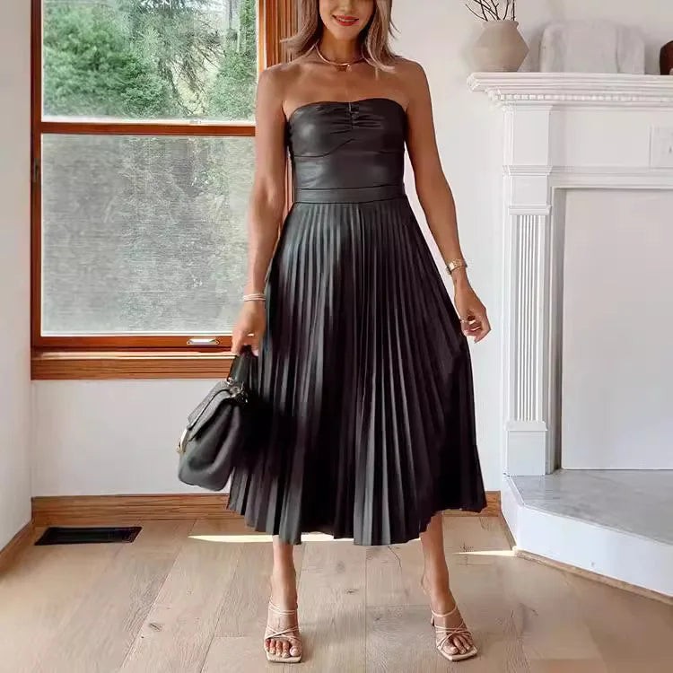 Cralom Shoulder Less Chest Hug Dress, Pleated Elastic Waist Cinched Sexy Summer Dress