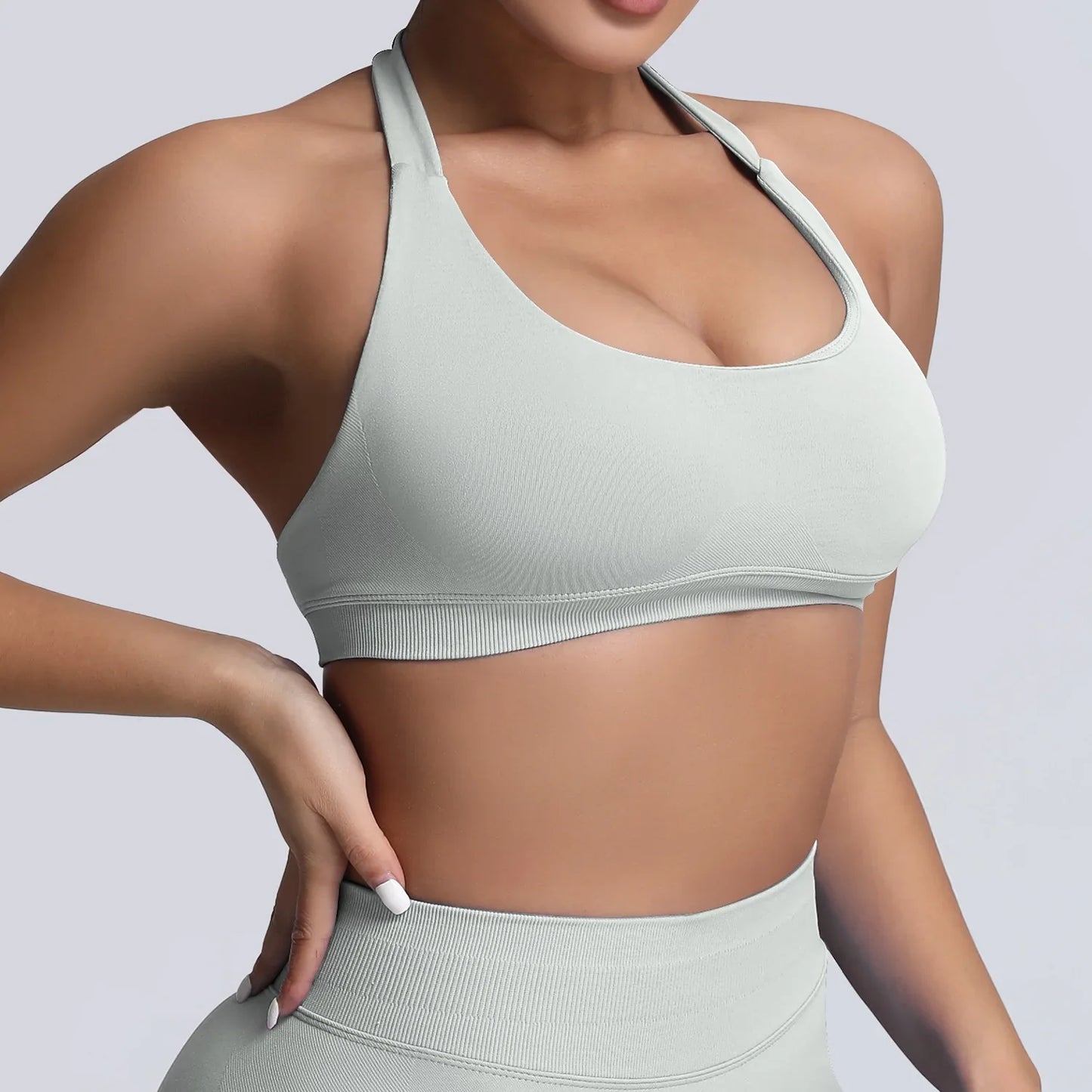 Cralom Yoga Halter Sports Bra Open Back Padded Crop Top Gym Fitness Running Top