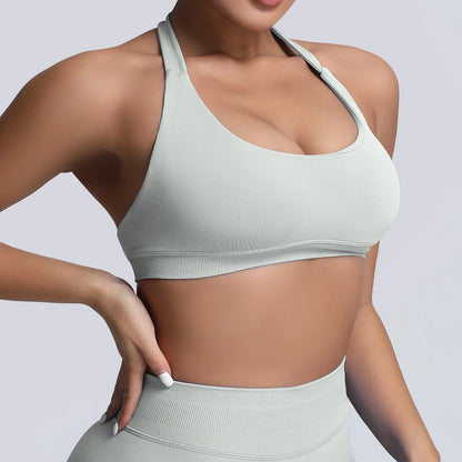 Cralom Yoga Halter Sports Bra Open Back Padded Crop Top Gym Fitness Running Top