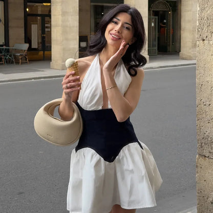 Cralom Black & White Color Block Sexy V-neck Waist Dress