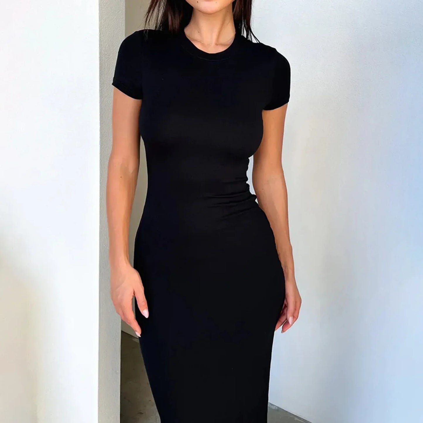 Cralom Round Neck Short-Sleeved Slim Fit Long Dress