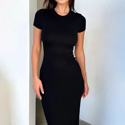 Cralom Round Neck Short-Sleeved Slim Fit Long Dress