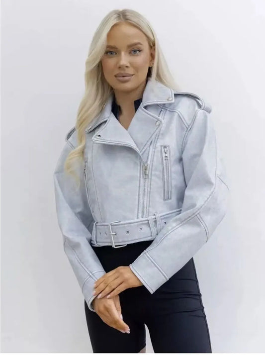 Cralom Chic Lady Lapel Zipper Leather Jacket - Women's Motorcycle Coat