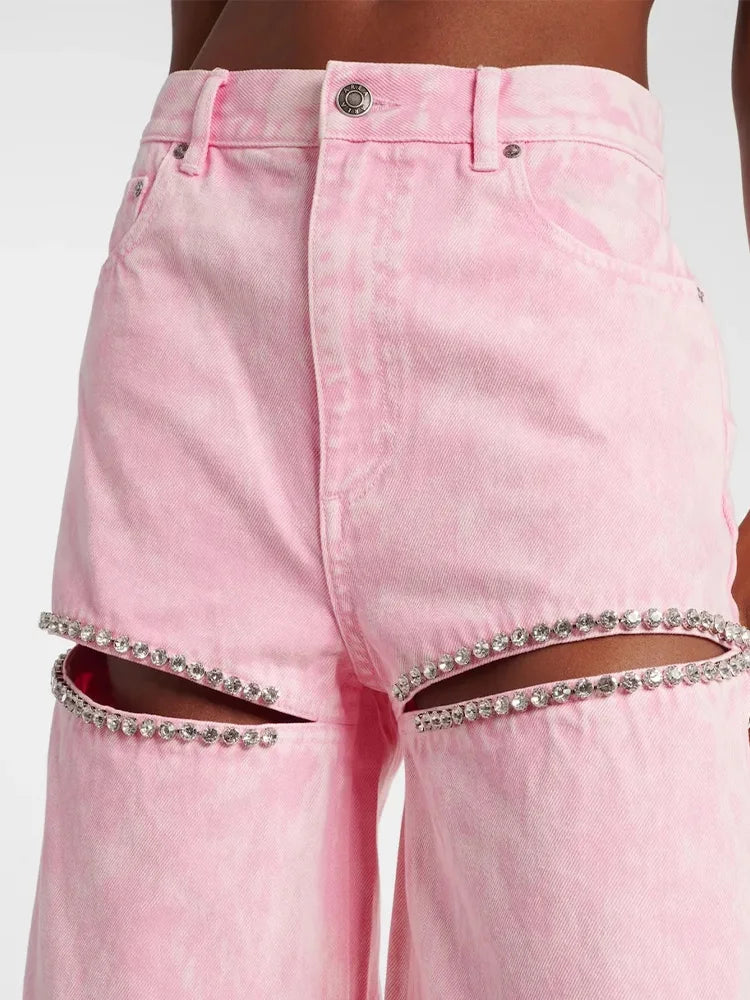 Cralom Diamonds Denim Trousers: High Waist Straight Pants Vintage Y2K Style