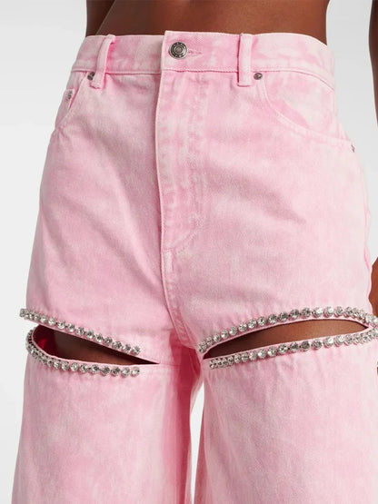 Cralom Diamonds Denim Trousers: High Waist Straight Pants Vintage Y2K Style