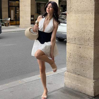 Cralom Black & White Color Block Sexy V-neck Waist Dress