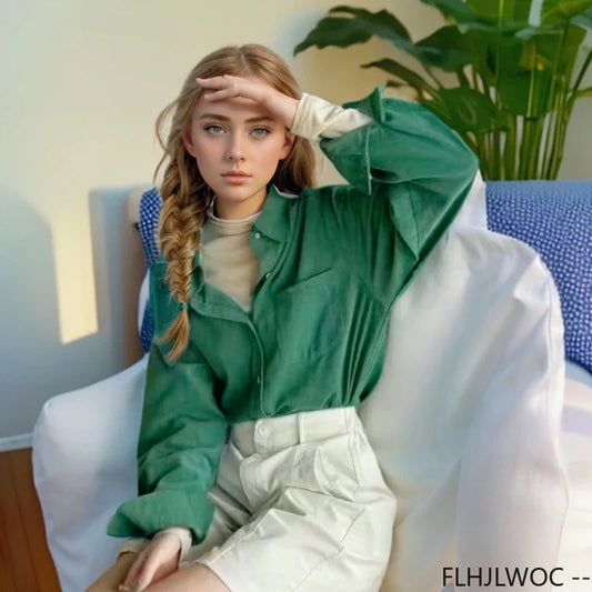 Cralom Retro Corduroy Shirt Green Top Women's Boyfriend Design Vintage Outerwear