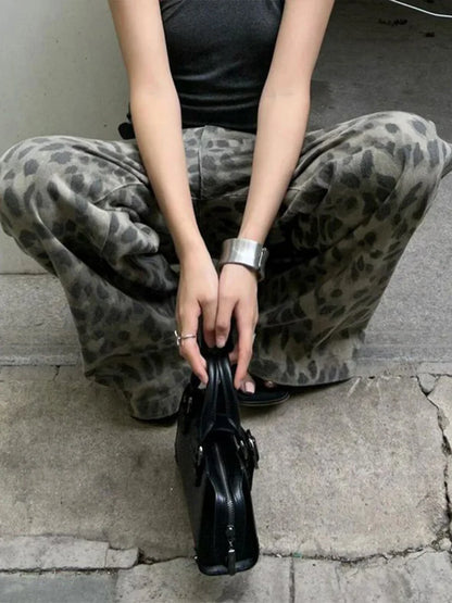 Cralom Vintage Distressed Leopard Jeans: High Waist Wide Leg Pants