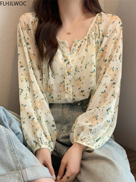 Cralom Vintage Floral Print Sheer Tops & Blouses