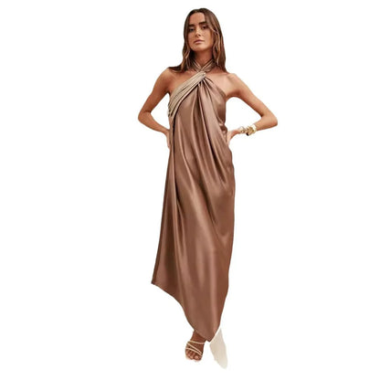 Cralom Spliced Neck Satin Evening Dress • Solid Color Sleeveless Elegant Design • Women's Fashion