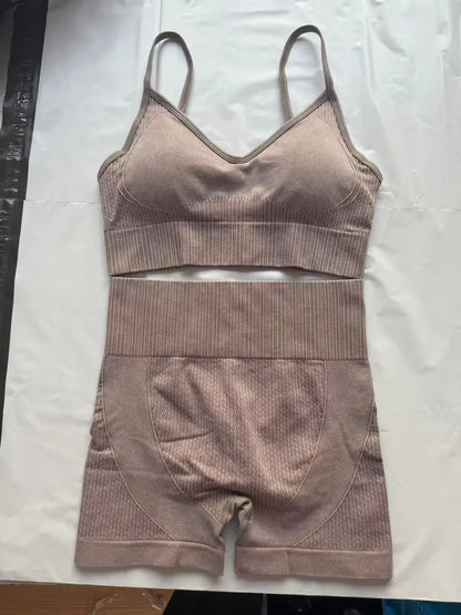 Cralom Sand Washed Seamless Yoga Set: Sports Bra & High Waist Gym Shorts