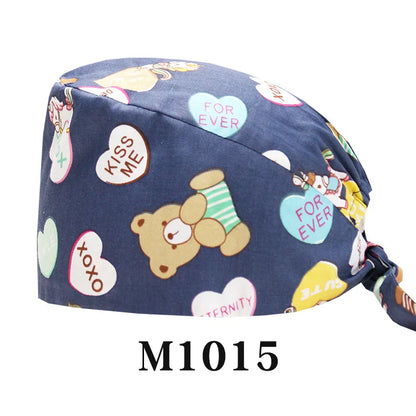 Cralom Bear Print Nurse Cap - Unisex Scrub Hat for Veterinary & Medical Use