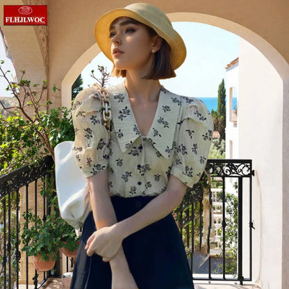 Cralom 2025 Summer Puff Sleeve Floral Print Vintage Shirts
