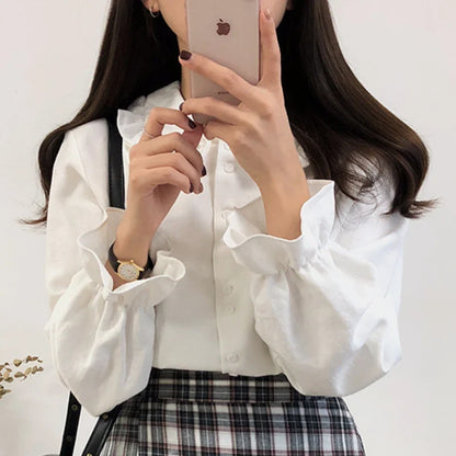 Cralom Flare Sleeve Peter Pan Collar Ruffles White Button Shirt