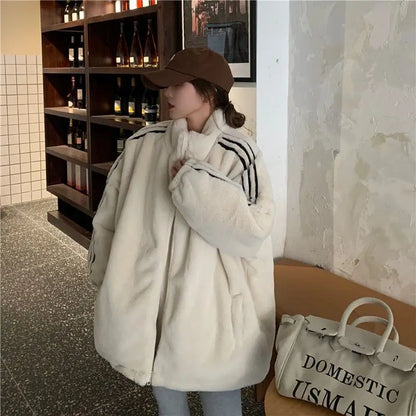 Cralom Furry Collar Cotton-padded Jacket Coat Women Y2K Streetwear Casual Coat
