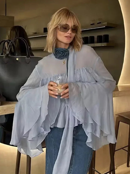 Cralom Chiffon Ruffle Shirt: Flare Sleeve Solid Blouse 2025 Spring Summer Streetwear