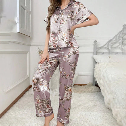Cralom Satin Pajama Set: Short Sleeve Top & Long Pants Sleepwear