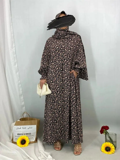 Ramadan Floral Print Abaya Hooded Kaftan by Cralom: Elegant Muslim Dress for Women