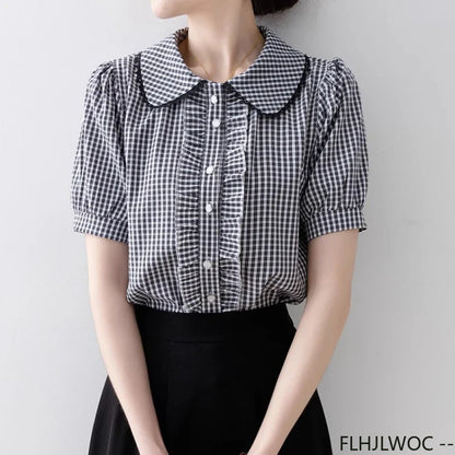Cralom 2025 Summer Peter Pan Collar Plaid Top Retro Vintage Ruffles Button Blouse