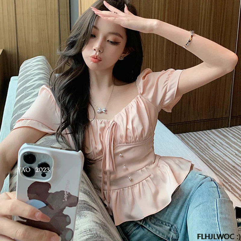 Cralom Off Shoulder Crop Tops: 2023 Summer Bow Tie Slim Waist Blouse
