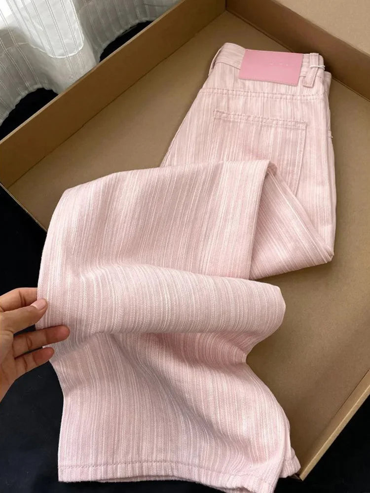 Cralom Vintage Stripe High Waist Straight Leg Jeans Women Y2k Streetwear Fashion