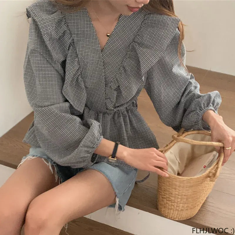 Cralom 2023 Ruffled Plaid Peplum Baby Shirt for Women