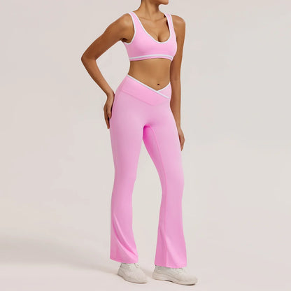 Cralom Seamless Yoga Set: Cross Waistband Pants & Nude Feel Sports Bra for Gym