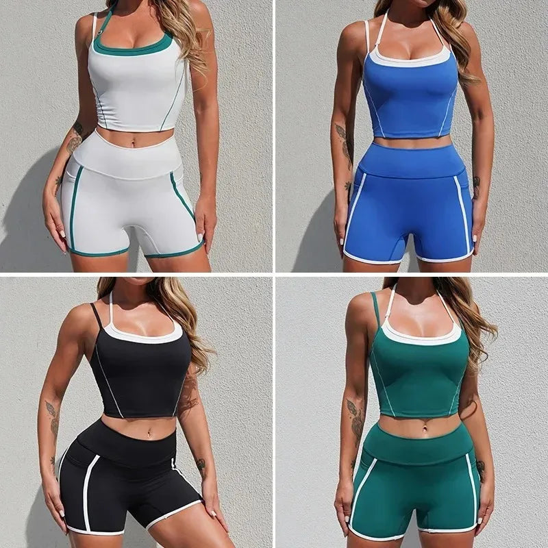 Cralom Seamless Yoga Set: Halter Top & Quick-Dry Flare Shorts - Gym Fitness Outfit