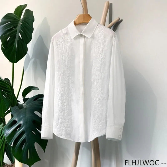 Cralom Pure Linen Embroidered Long Sleeve Shirt Women's Loose Blouse