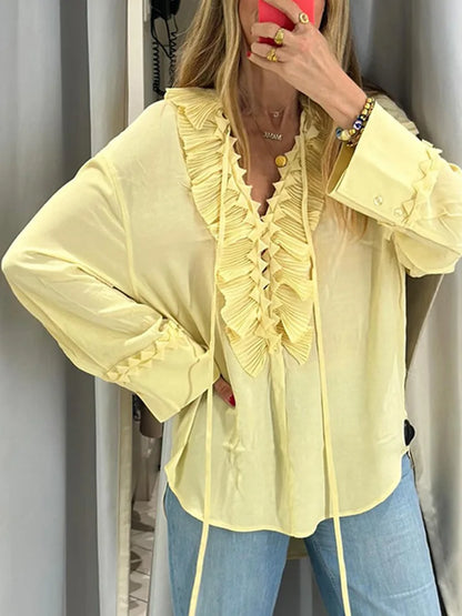 Cralom Ruffled Chiffon Shirt Casual V-Neck Blouse Women's Streetwear Tops