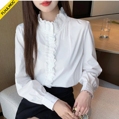 Cralom Ruffled Lace White Blouse for Girls & Women, Long Sleeve Formal Office Shirt