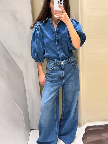 Cralom Denim Puff Sleeve Blouse - Blue Y2K Washed Casual Jacket