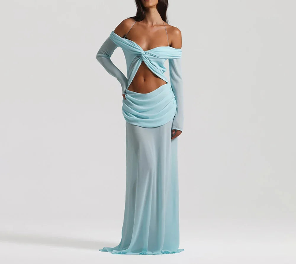 Cralom Elegant Solid Long Sleeve Maxi Dress for Summer Events