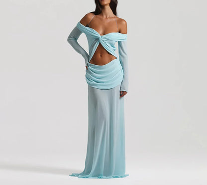 Cralom Elegant Solid Long Sleeve Maxi Dress for Summer Events