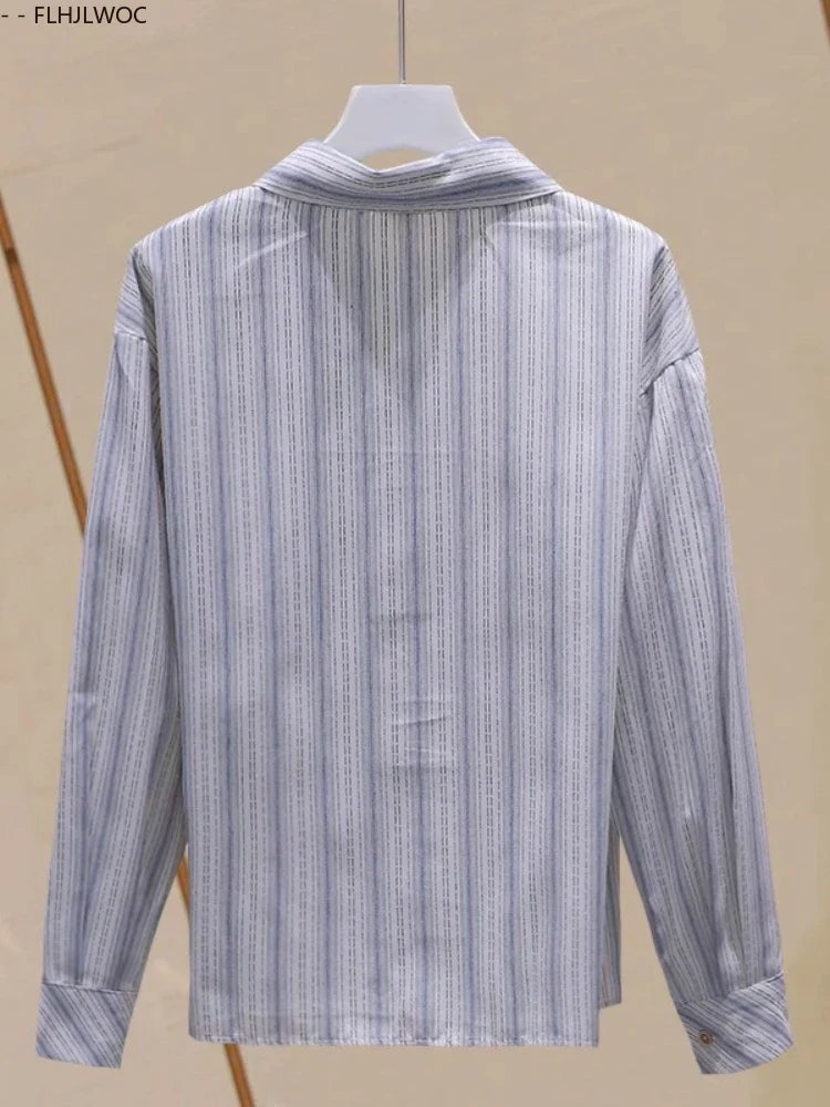 Cralom Striped Button Shirt Women Long Sleeve Office Blouse Casual Retro Design