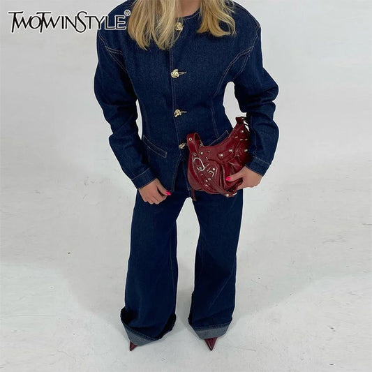 Cralom O Neck Button Coat & High Waist Pant Set for Women