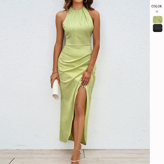 Cralom Solid Color High End Hanging Neck Long Dress