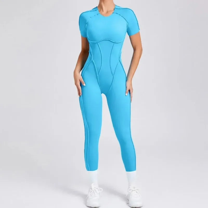 Cralom Seamless Yoga Jumpsuit Set for Women - Hip-lifting, Open Back, Short-sleeved