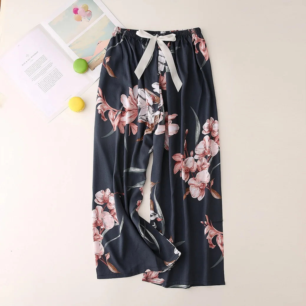 Cralom Floral Cotton Silk Pajama Pants Women's Loose Wide-leg Trousers